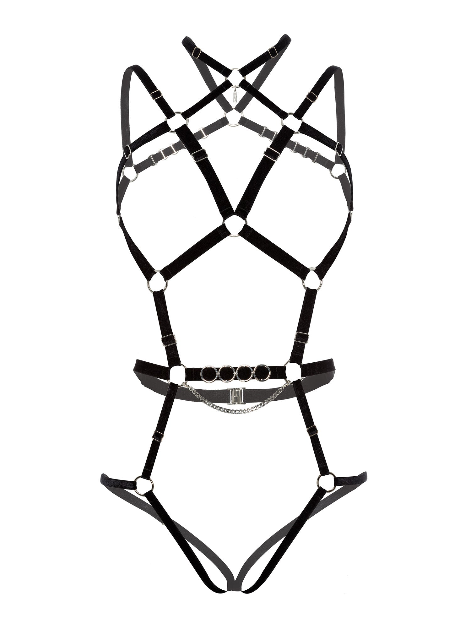 Black body harness made of velvet straps and silver jewelry. Fine gender-free lingerie accessory.