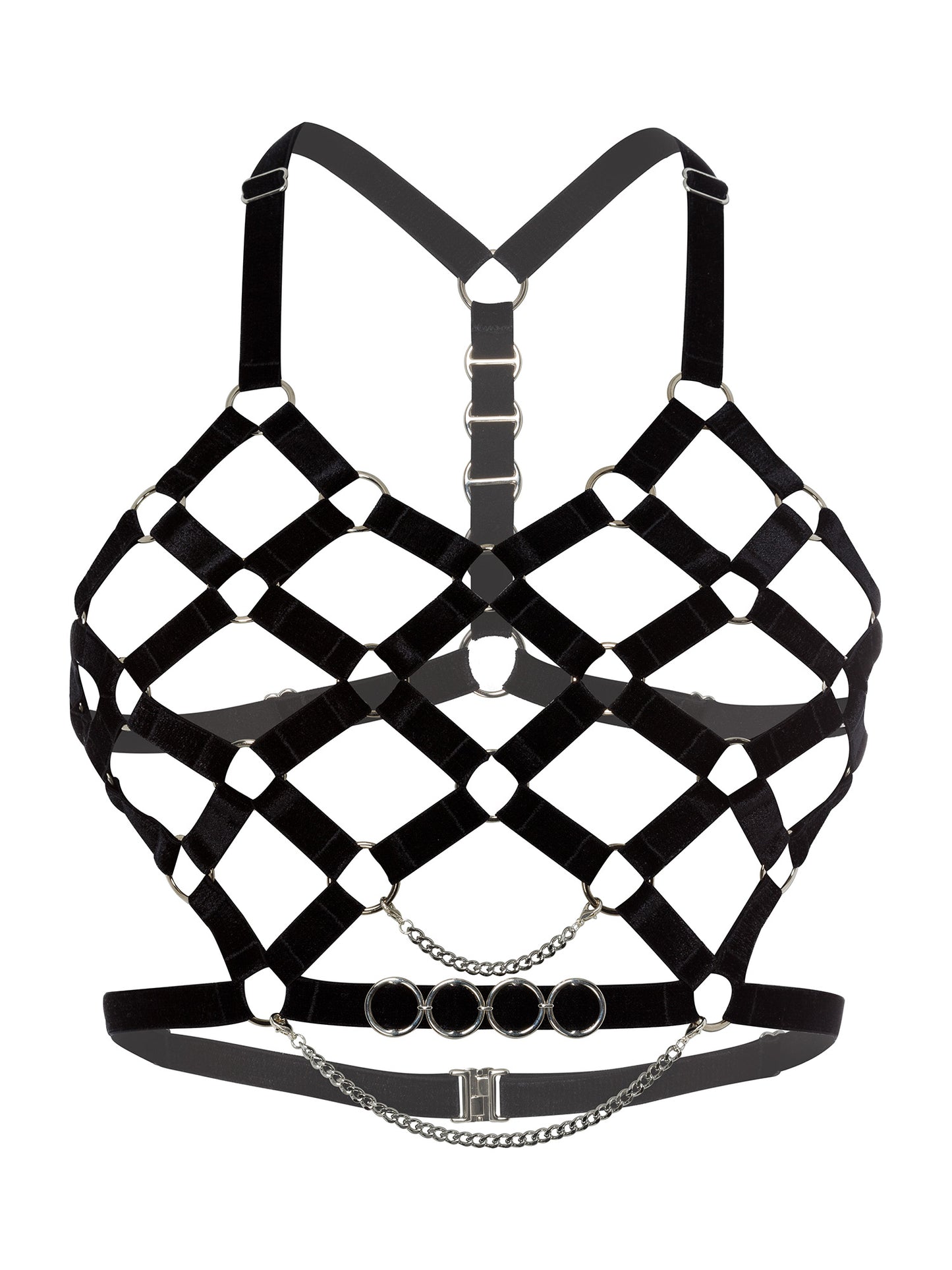 Front view of an adjustable caged design black velvet top harness with removable thin silver chains at the front, gender free lingerie