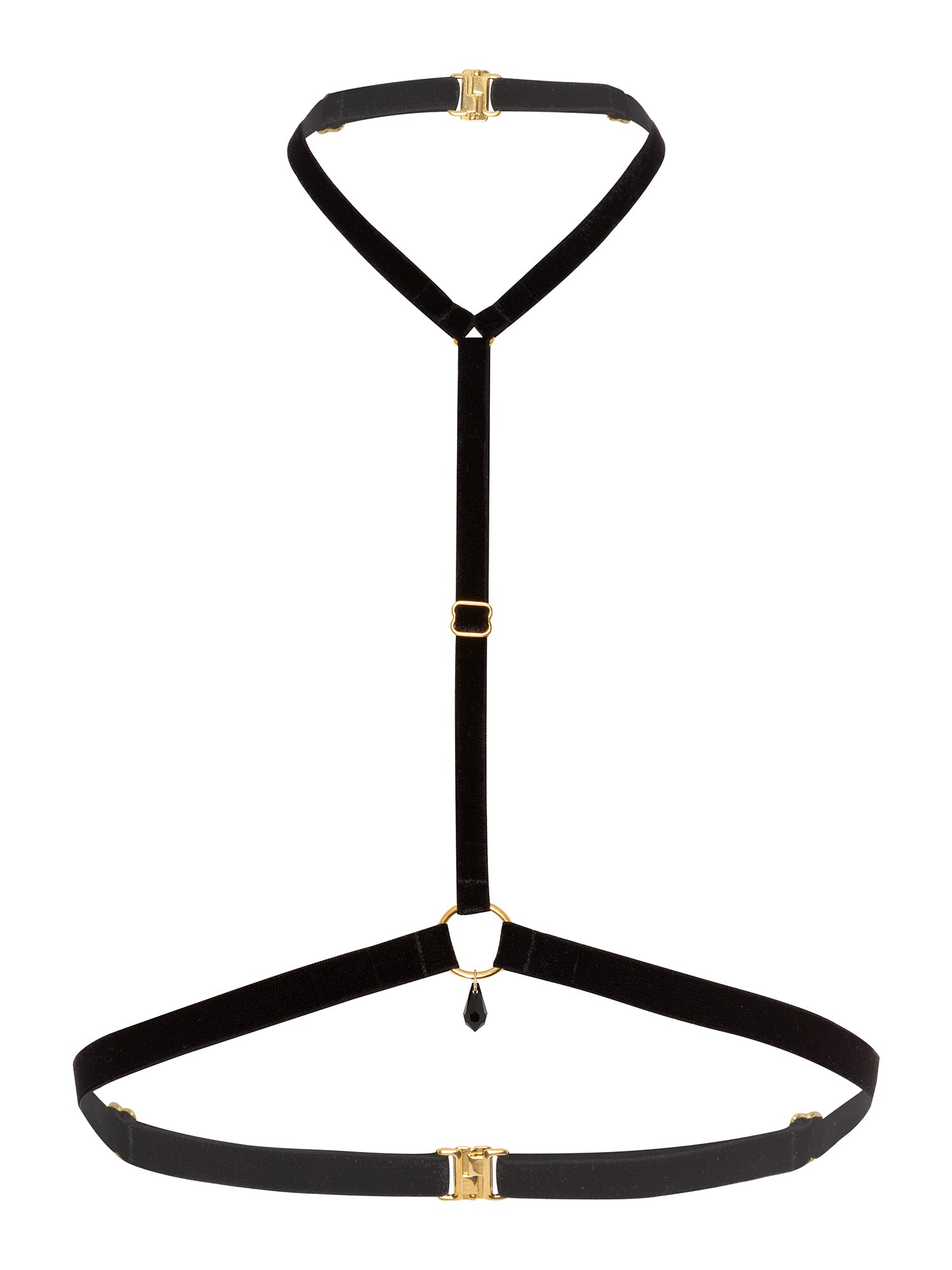 Minimalist black velvet harness with a gold o-ring pendant attached to a black crystal on the chest.