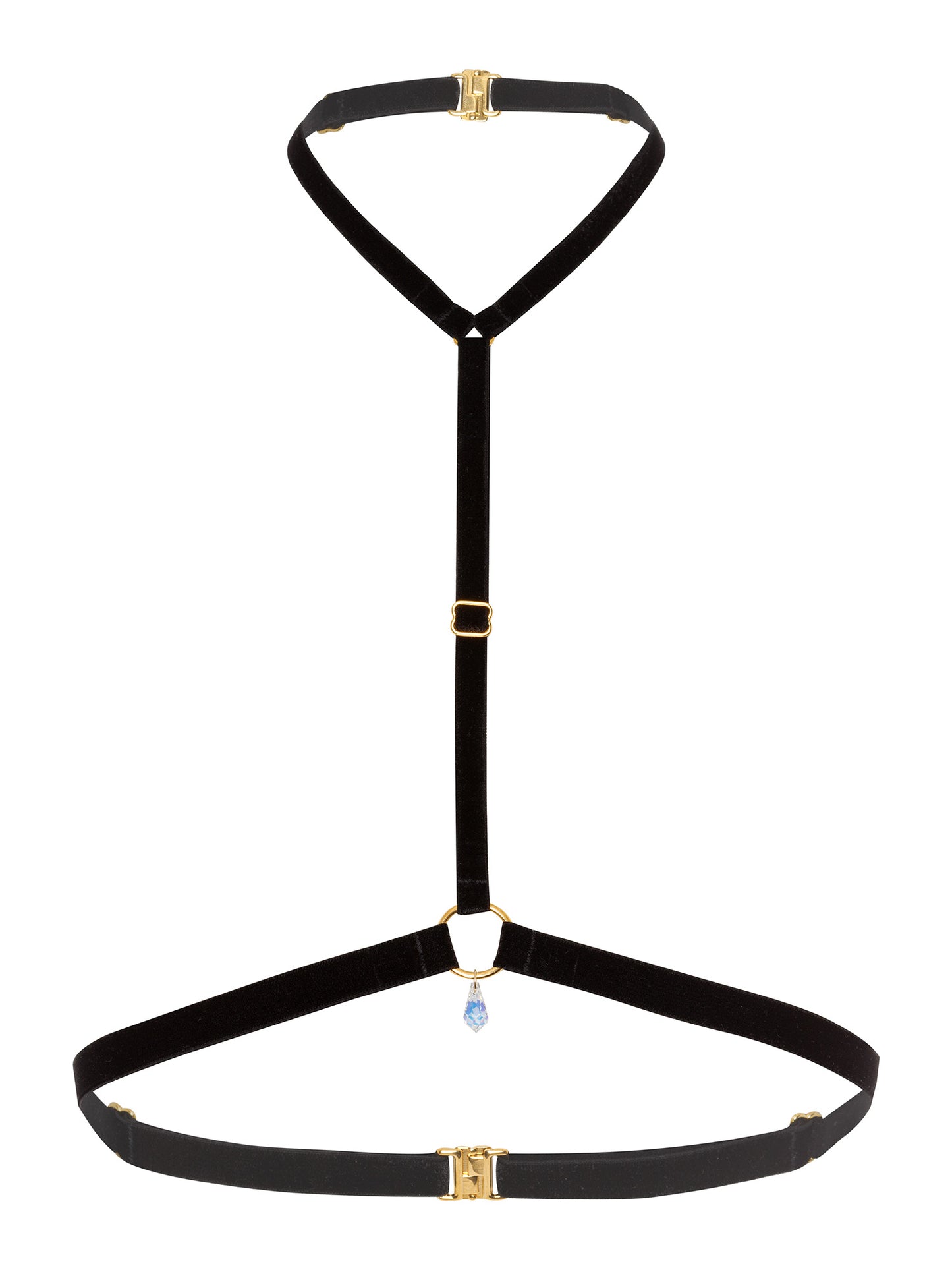 Minimalist black velvet chest harness made with soft straps and a gold o-ring pendant with a transparent crystal.