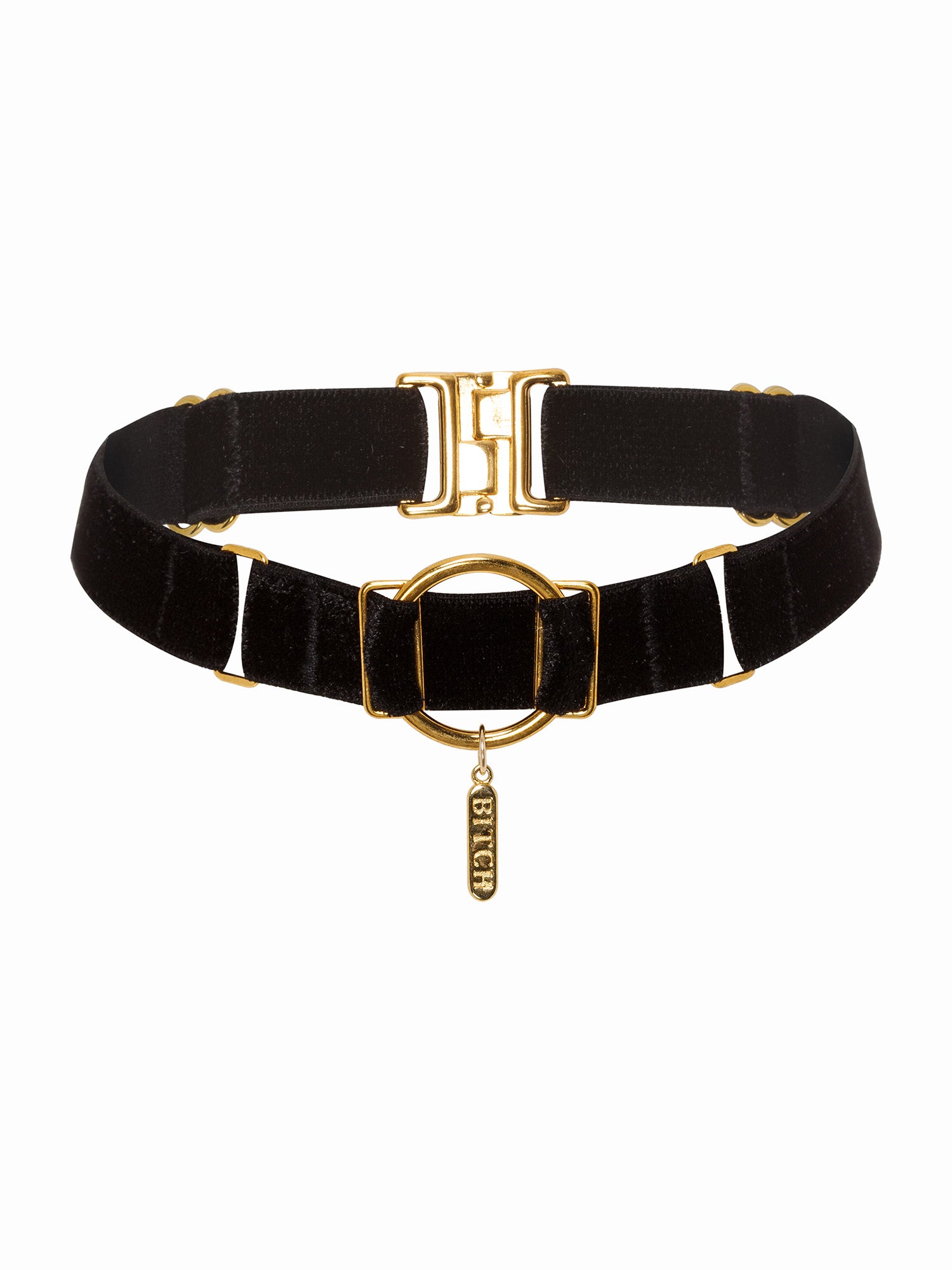 Adjustable black velvet choker with "BITCH" engraved gold zamak pendant. Sustainable gender-free accessory.