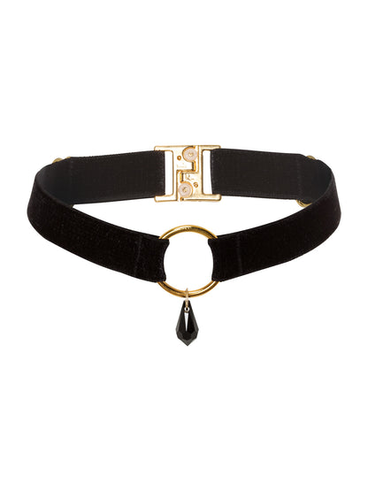 Adjustable Black Velvet choker with a gold o-ring and a black Swarovski crystal pendant. Gender Free accessory.