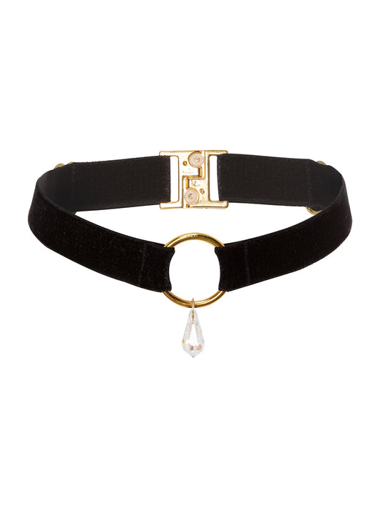 Adjustable Black Velvet choker with a gold o-ring and a clear Swarovski crystal pendant. Gender Free accessory.