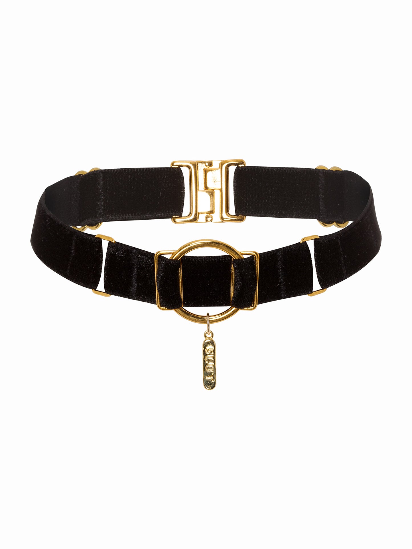 Adjustable black velvet choker with 'Slut' engraved gold zamac pendant. Sustainable Gender-free accessory.