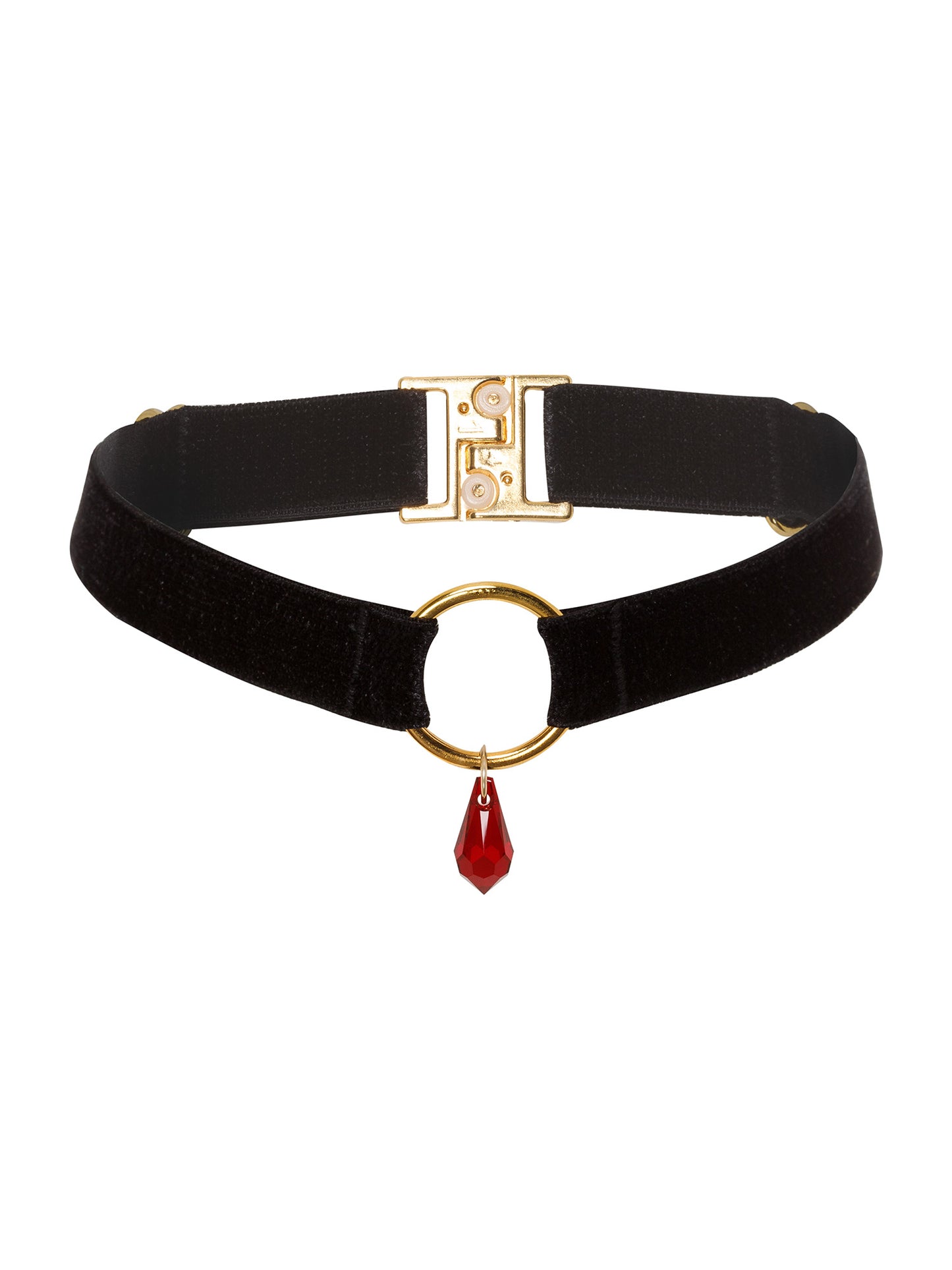 Adjustable Black Velvet choker with a gold o-ring and a red Swarovski crystal pendant. Gender Free accessory.