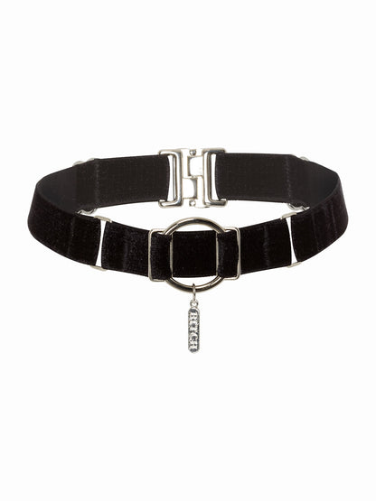 Adjustable black velvet choker with "BITCH" engraved silver zamak pendant.