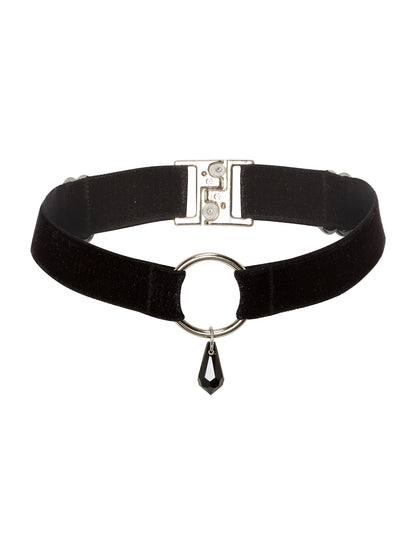 Adjustable black velvet choker with a silver o-ring and black crystal pendant. Sustainable gender-free accessory.