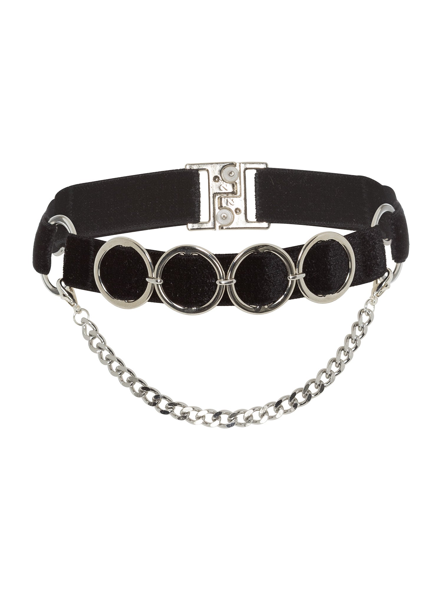 Close up view of an adjustable black velvet choker with 4 front silver o-rings and a removable thin silver chain.