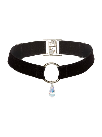 Adjustable black velvet choker with a silver o-ring and clear crystal pendant. Sustainable gender-free accessory.