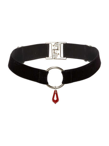 Adjustable black velvet choker with a silver o-ring and red crystal pendant. Sustainable gender-free accessory.