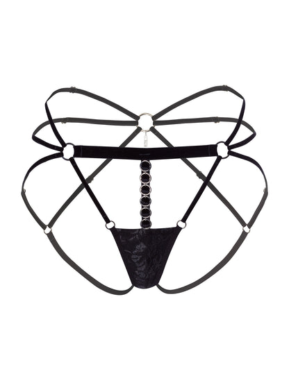 Adjustable black ouvert panties made with multiple outlining velvet straps, floral black lace, silver o-ring hardware and an engraved pendant in the back.