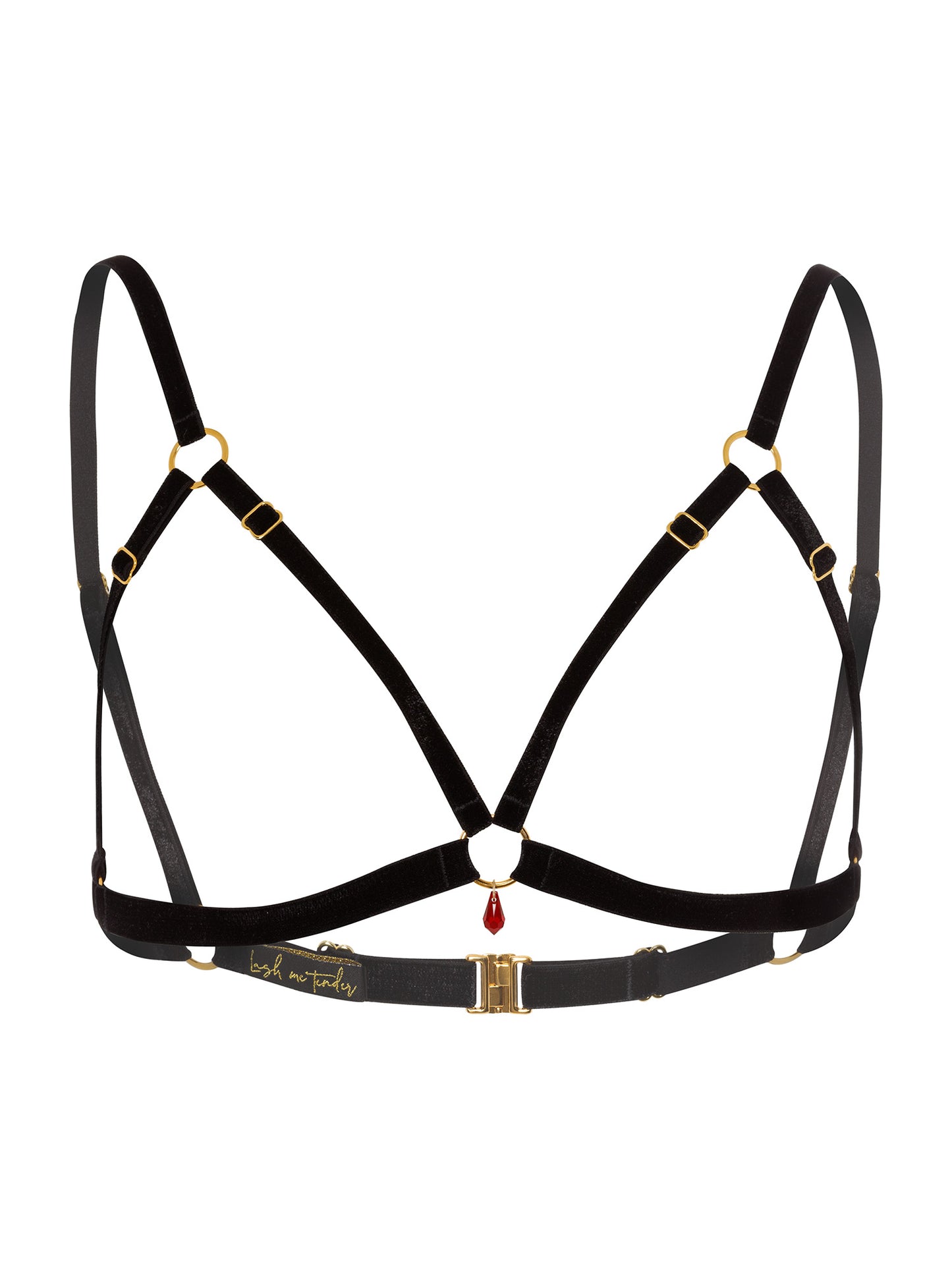 Adjustable black velvet open-cup bra with gold o-ring and red Swarovski crystal pendant.