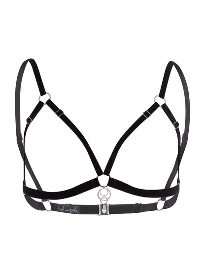 Adjustable black velvet open-cup bra with a 4-rings silver charm attached to a clear Swarovski crystal pendant.