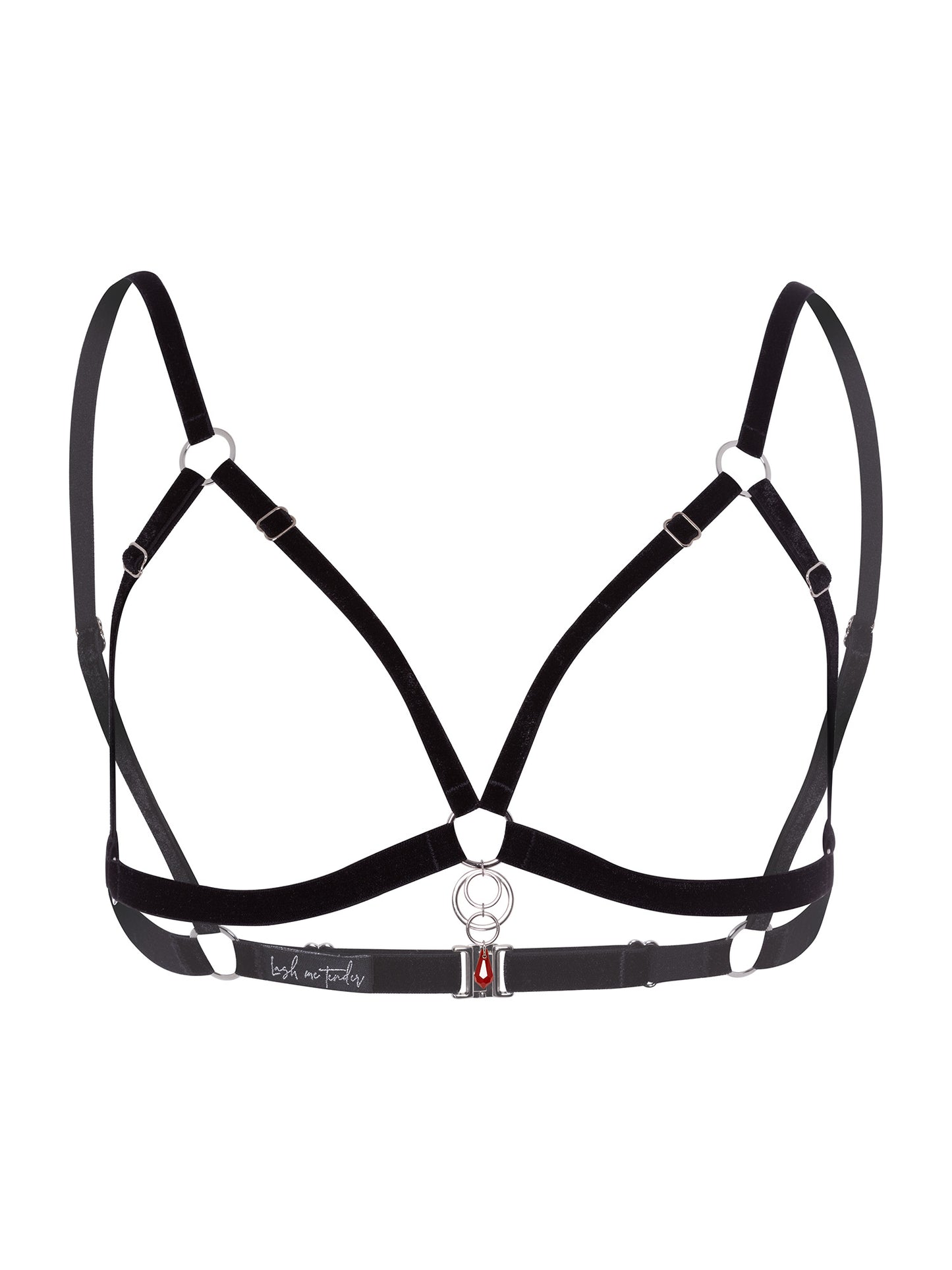 Adjustable black velvet open-cup bra with a 4-rings silver charm attached to a red Swarovski crystal pendant.