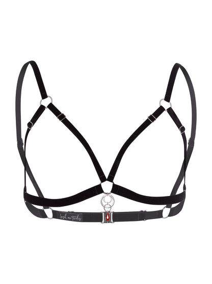 Adjustable black velvet open-cup bra with a 4-rings silver charm attached to a red Swarovski crystal pendant.