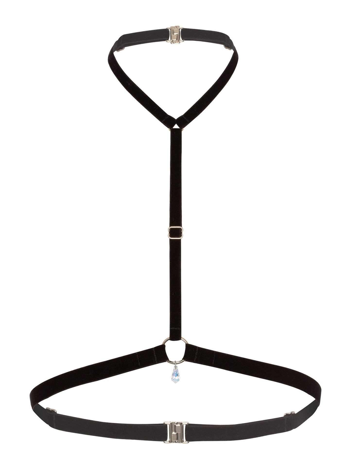 Minimalist black chest harness made with soft velvet straps and a silver o-ring pendant with a clear Swarovski crystal.