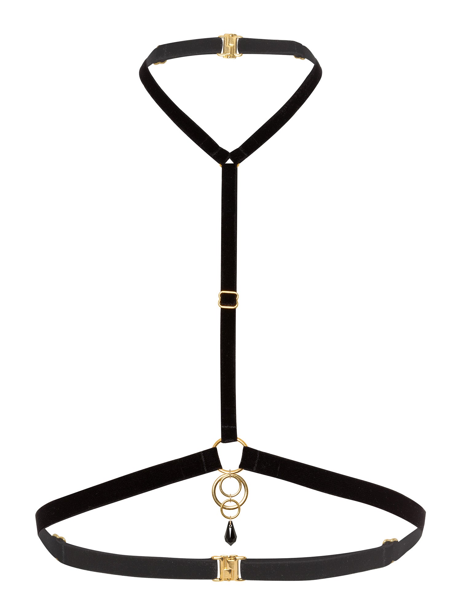 Minimalist Black velvet harness with a jewelry on the chest made of 4 gold o-rings and black Swarovski crystal pendant.