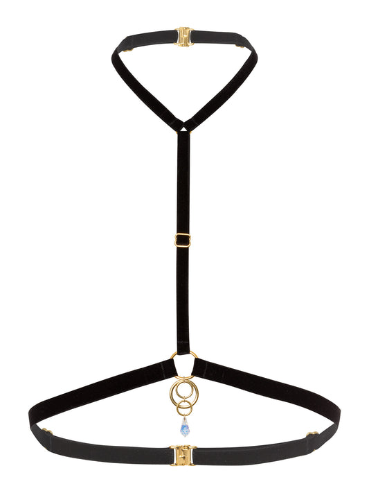 Gender-free Black velvet harness with chest charm made of 4 gold o-rings and clear Swarovski crystal.