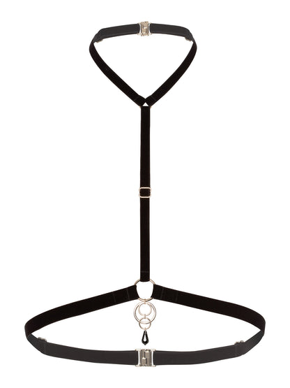 Minimalist chest harness made of black velvet straps and a 4 o-rings charm attached to a black crystal pendant.