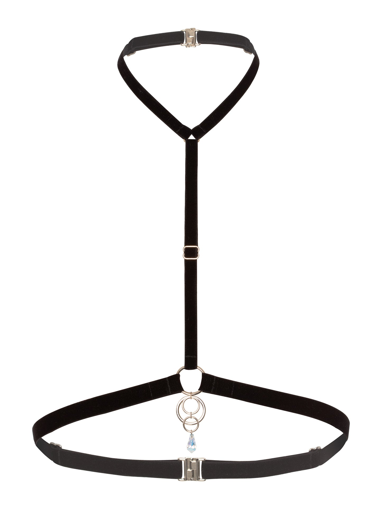 Black velvet chest harness with a 4 o-rings jewelry attached to a clear Swarovski crystal pendant.