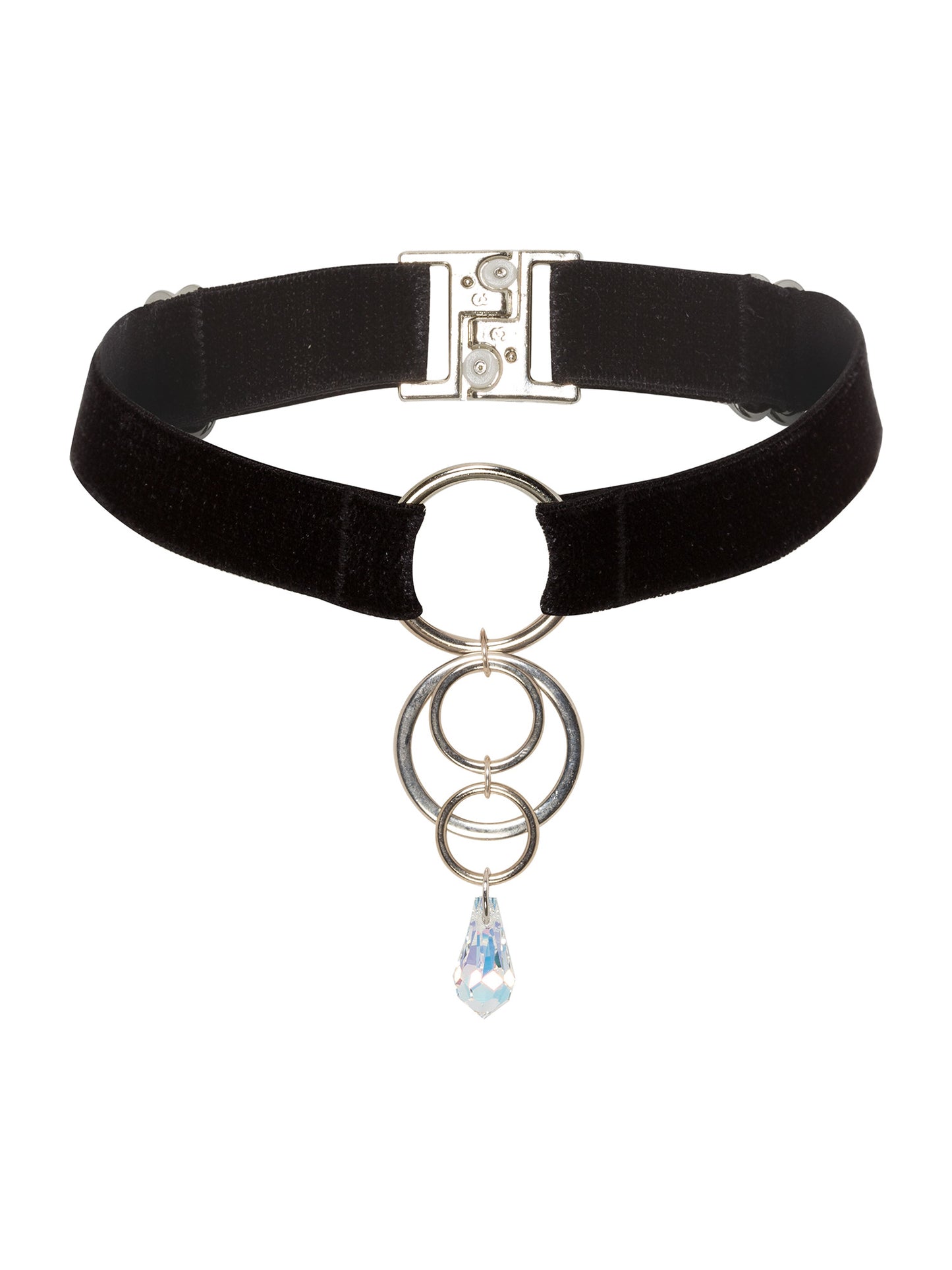 Adjustable black velvet choker with a silver 4 o-rings charm attached to a clear Swarovski crystal pendant.