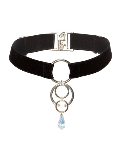 Adjustable black velvet choker with a silver 4 o-rings charm attached to a clear Swarovski crystal pendant.