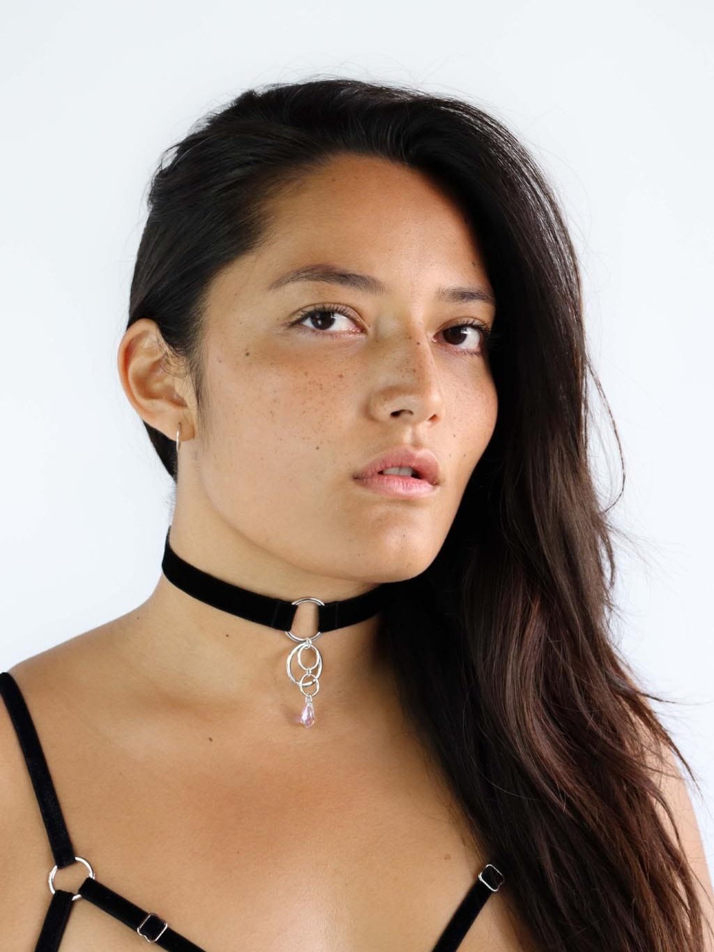 black velvet choker with silver 4 O-rings pendant and clear Swarovski crystal.