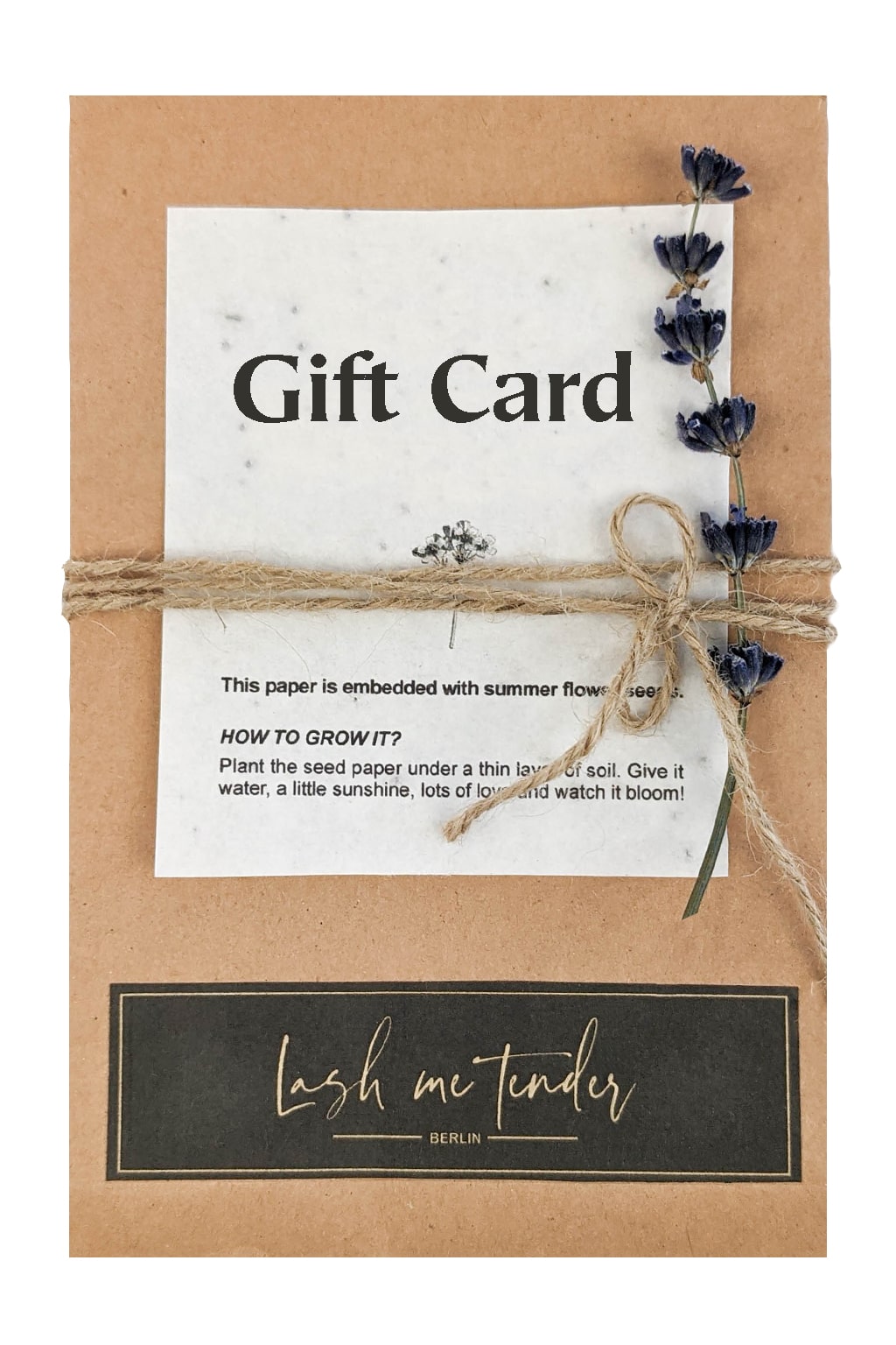 Representation of a physical kraft paper gift card, with Lash Me Tender company logo.